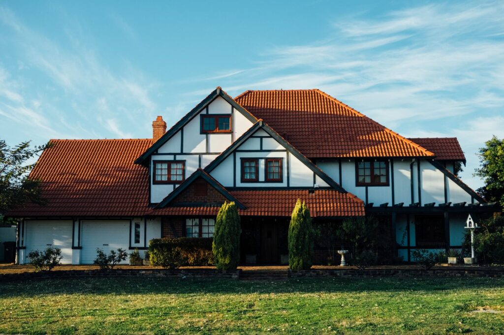 A house with a red roof.