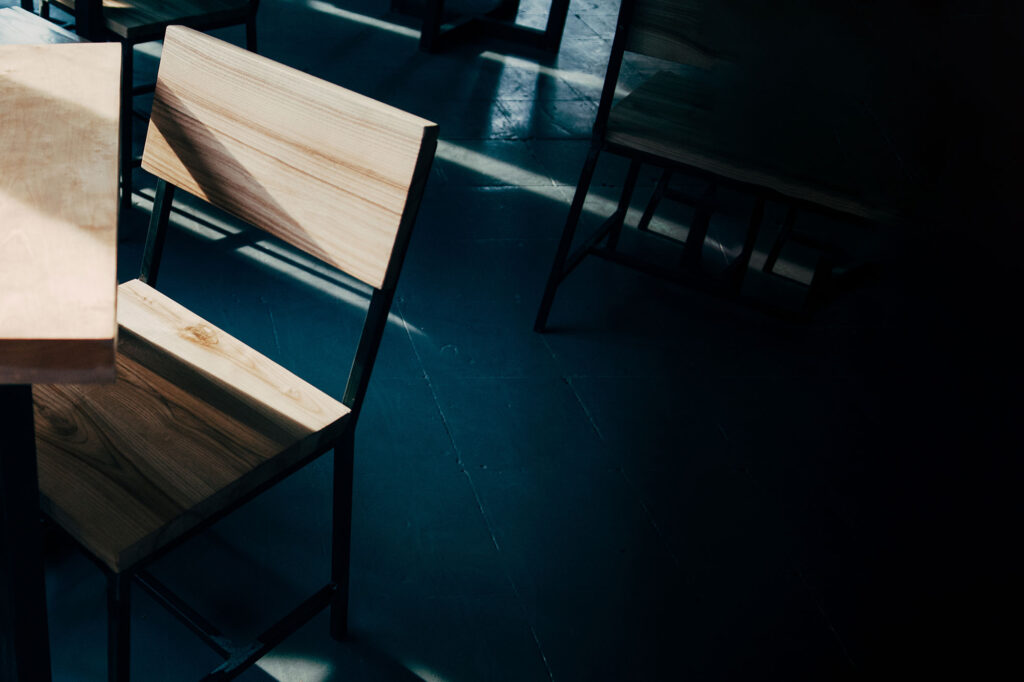 A wooden table and chairs.