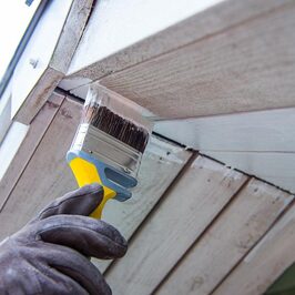 A person using a paint brush to paint a house.